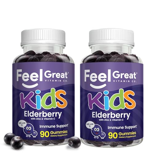 Feel Great Kids Elderberry Gummies with Zinc and Vitamin C (2-Pack) | Immune Support Sambucus Elderberry | Berry Flavored Vegan Multivitamins | 90 Count