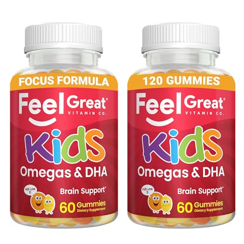 Feel Great Vitamins Kids DHA Gummies with Omega 3 6 9, Vitamin C (2-Pack) | Supports Healthy Brain Function, Vision & Heart Health | Gluten Free, Vegetarian | 60 Gummies