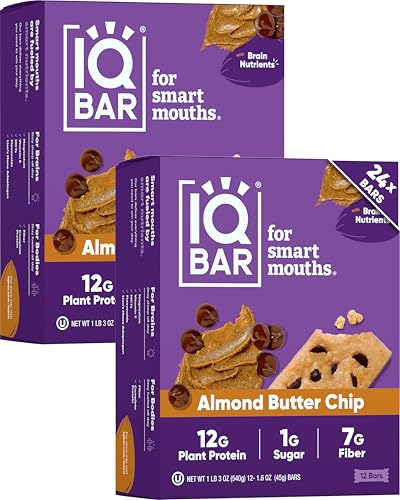 IQBAR Brain and Body Plant Protein Bars - Almond Butter Chip - 24-Count Low Carb - Gluten Free, High Fiber, Vegan Snacks - Low Sugar Meal Replacement