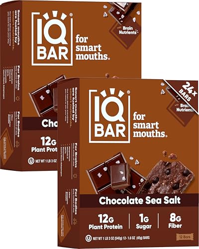 IQBAR Brain and Body Plant Protein Bars - Chocolate Sea Salt - 24-Count - Keto, Vegan, Low Carb, High Fiber, Gluten Free, Dairy Free, Low Sugar Snack with Nutrients for Focus, Energy, Meal Replacement