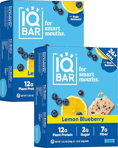IQBAR Brain and Body Plant Protein Bars - Lemon Blueberry - 24-Count Low Carb - Gluten Free, High Fiber, Vegan Snacks - Low Sugar Meal Replacement