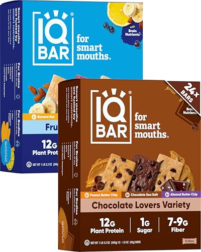 IQBAR Brain and Body Plant Protein Bars - Chocolate & Fruit Variety - 24-Count - Keto, Vegan, Low Carb, High Fiber, Gluten Free, Dairy Free, Low Sugar Snack with Nutrients for Focus, Energy, Meal Replacement