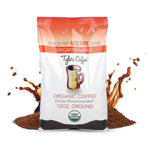 Tylers Acid Free Organic Ground Coffee - 100% Arabica Full Flavor Decaffeinated - Neutral pH - No Bitter Aftertaste - Gentle on Digestion Reduce Acid Reflux -Protect Teeth - For Acid Free Diets- Natural Whole Bean and Organic Blend for Common GI Issues 12 oz (Pack of 2)