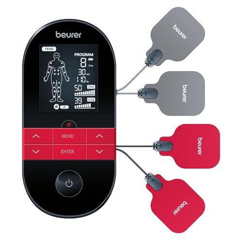 Beurer EM59 Digital 3-in-1 TENS, EMS & Heat Therapy Device for Pain Relief and Massage, Muscle Stimulator with 2 Adjustable Channels, 64 Applications, Timer Function