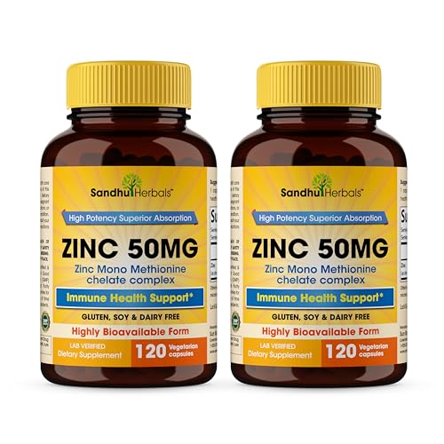 Sandhu Herbals Zinc 50mg Supplement for Men & Women| High Absorption Monomethionine Complex with Black Currant 120 Capsules (Pack of 2)| Zink Supplements for Immune, Acne & Antioxidant Support