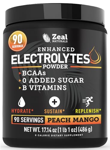 Zeal Naturals Electrolyte Powder Recovery Drink (90 Servings | Peach Mango) w 0 Sugar +BCAAs +B-Vitamins Electrolyte Supplement w Potassium Zinc & Magnesium for Hydration - Keto Electrolytes