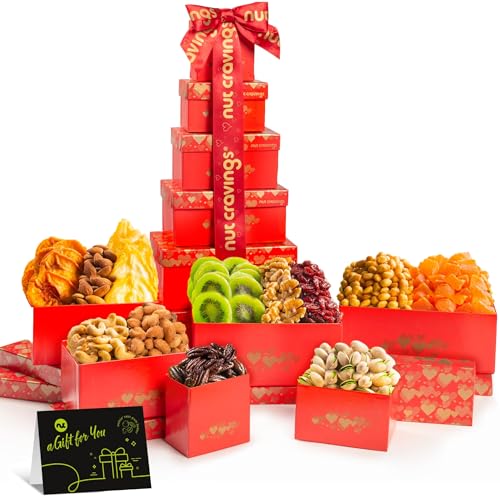 NUT CRAVINGS - Halloween Treats For Adults Dried Fruit & Mixed Nuts Gift Basket Red Tower + Heart Ribbon (12 Assortments) Holiday Xmas Christmas Food Arrangement, Healthy Snack Care Package