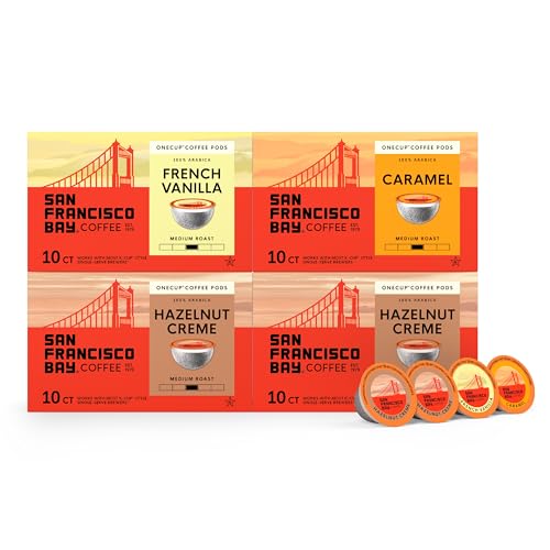 San Francisco Bay Compostable Coffee Pods - Variety Pack Flavored (40 Ct) K Cup Compatible including Keurig 2.0, Hazelnut, Cinnamon, Caramel, Vanilla Flavored Coffee