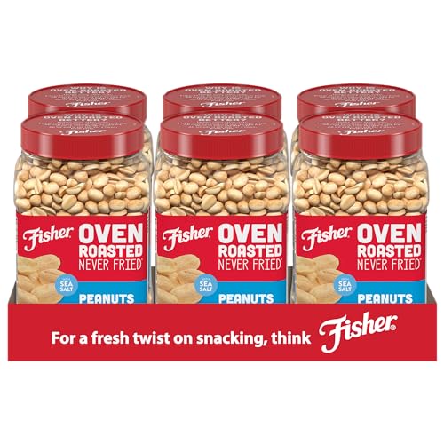 Fisher Oven Roasted Never Fried Peanuts, 24 Ounces (Pack of 6), Snacks for Adults, Made With Sea Salt, No Added Oils, Artificial Ingredients or Preservatives, Gluten Free, Vegan Protein, Bulk 