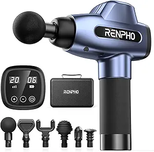 RENPHO Percussion Massage Gun Deep Tissue, Professional Powerful Quiet Muscle Massage Gun for Athletes, 20 Speeds, Electric Body Massager Gun with Case,6 Massage Heads, Back Relaxation, Blue