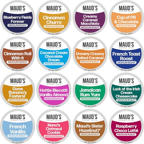 Maud's Super Flavored Coffee Pods Variety Pack, 80 ct, 16 Assorted Flavors, Medium Roast Flavored Coffee in Recyclable Single Serve Pods  100% Arabica Beans, Compatible with Keurig K Cups Maker