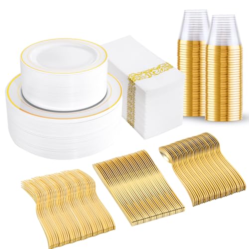 bUCLA 350PCS White and Gold Plastic Plates - Gold Disposable Dinnerware for Include 50 Dinner/Dessert Plates, 50 Forks, 50 Knives, 50 Spoons, 50 Cups & 50 Napkins for Party & Thanksgiving