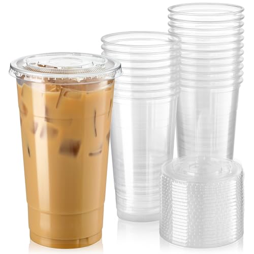 Fit Meal Prep 300 Pack 32 oz Clear Plastic Cups with Flat Lids, Disposable Iced Coffee Cups, BPA Free Premium Crystal Smoothie Cup for Party, Lemonade Stand, Cold Drinks, Juice, Milkshake