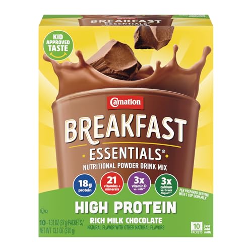 Carnation Breakfast Essentials High Protein Powder Drink Mix, Rich Milk Chocolate, 10 Packets, 6 Count