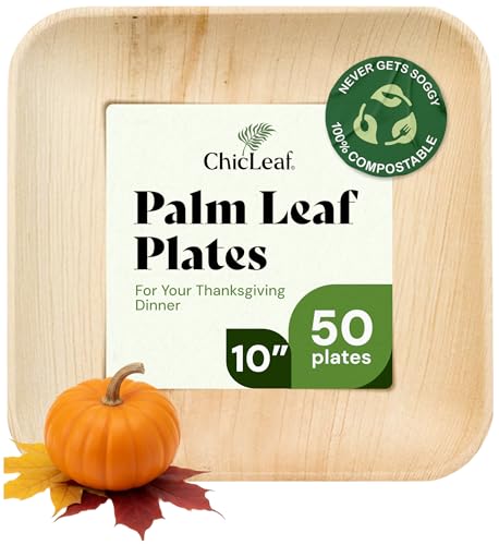 Chic Leaf Square Palm Leaf Disposable Paper Plates - 10 In, Pack of 50 - Eco Friendly Biodegradable & Compostable Dinner Plates - Microwave Safe Party Supply Pack for Weddings & Events