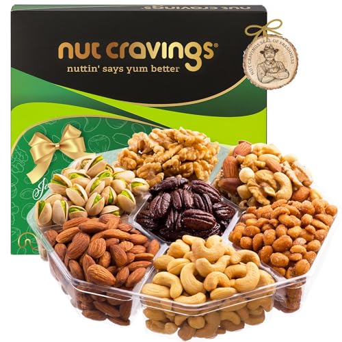 NUT CRAVINGS - Halloween Treats For Adults Mixed Nuts Gift Basket in Green Gold Box (7 Assortments, 2 LB) Holiday Xmas Christmas Food Arrangement, Healthy Snack Care Package, Food Assortments