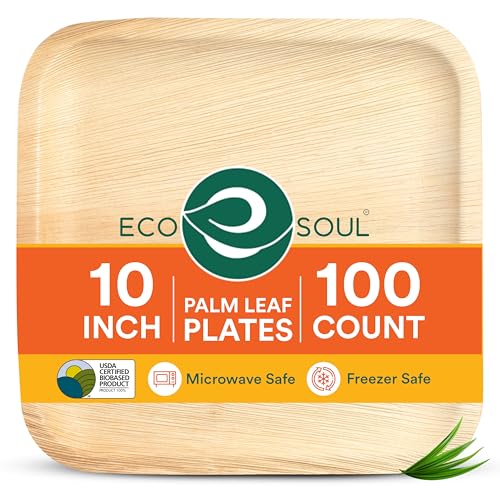 ECO SOUL Compostable 10 Inch Palm Leaf Square Plates (100 Count) Like Bamboo Plates | Biodegradable | Eco-Friendly, Microwave & Oven Safe