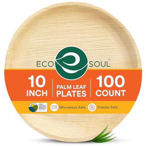 ECO SOUL Compostable 10 Inch Palm Leaf Round Plates (100 Count) Like Bamboo Plates | Biodegradable | Eco-Friendly, Microwave & Oven Safe