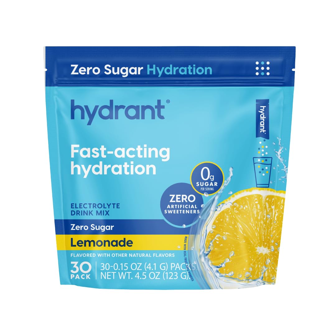 Hydrant Hydrate No Added Sugar, Individual Hydration Electrolyte Powder Stick Packets with Zero Sugar and Electrolytes for Rapid Hydration (Lemonade, 30 Count)