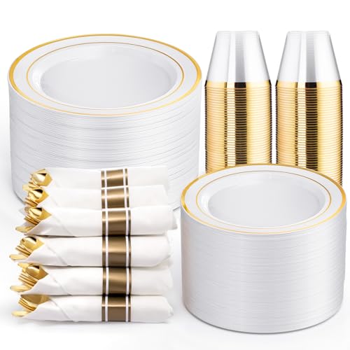 WELLIFE 350Pcs Gold Plastic Plates for 50 Guests - Plastic Dinnerware Set, Includes 100 Party Plates,150 Gold Silverware Disposable,50 Napkins,50 Cups,Disposable Plates for Party and Christmas