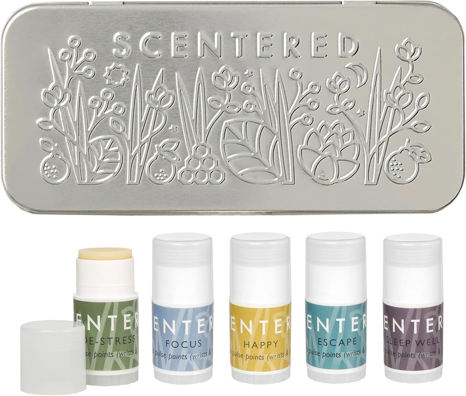 Scentered Aromatherapy Gift Set, Mini Roll On Essential Oil Balms for Focus, Stress-Relief, Mood Boost, Calm, Sleep - 5 x Premium Blends, 100% Nautral - Stocking Stuffer Aromatherapy Gifts for Women
