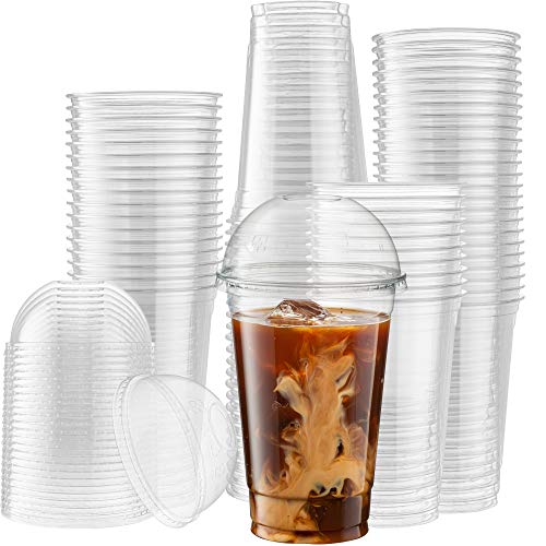 [100 Sets - 20 Oz] Crystal Clear Plastic PET Cups With Dome lids for Iced Coffee, Cold Drinks, Milkshake, Slush Cups, Smoothy's, Slurpee, Party's, Plastic Disposable Cups