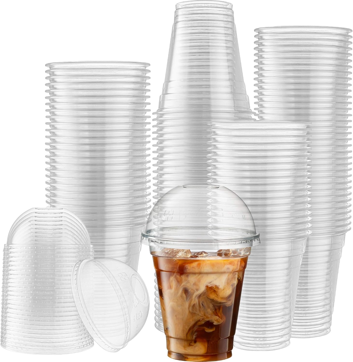 [100 Sets - 12 Oz] Crystal Clear Plastic PET Cups With Dome lids