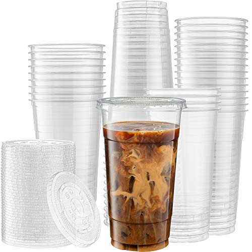 [100 Sets - 32 Oz] 32 Ounce Crystal Clear PET Cups With Flat lids for Iced Coffee, Cold Drinks, Milkshake, Slush Cups, Smoothy's, Slurpee, Party's, Plastic Disposable Cups