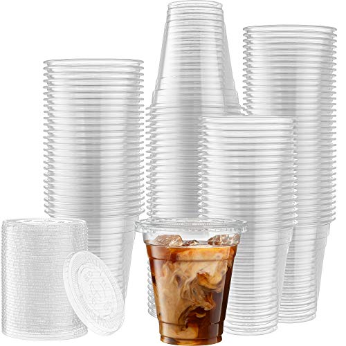 [100 Sets - 12 Oz] Crystal Clear Plastic PET Cups With Flat lids for Iced Coffee, Cold Drinks, Milkshake, Slush Cups, Smoothy's, Slurpee, Party's, Plastic Disposable Cups