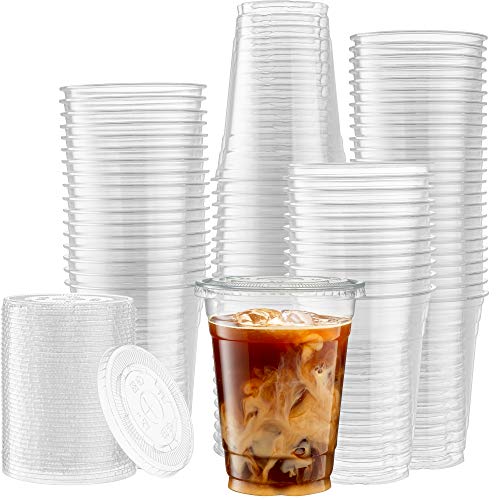 [100 Sets - 16 Oz] Crystal Clear PET Plastic Cups With Flat Lids for Iced Coffee, Cold Drinks, Milkshake, Slush Cup, Smoothy's, Slurpee, Party's, Plastic Disposable Cups