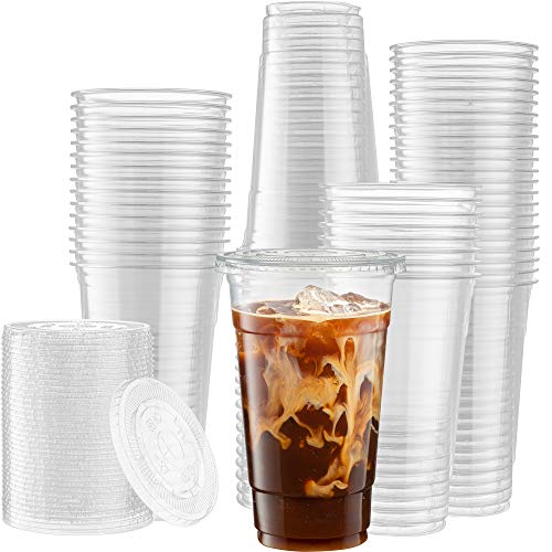 [100 Sets - 24 Oz] Crystal Clear Plastic PET Cups With Flat Lids for Iced Coffee, Cold Drinks, Slush Cups, Milkshake, Smoothy's, Slurpee, Party's, Plastic Disposable Cups