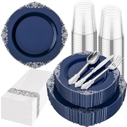 Hioasis 175pcs Blue and Silver Plastic Plates - Elegant Disposable Dinnerware Set Suitable for 25 Guests Include 10.25" Dinner & 7.5" Dessert Plates, Cutlery, Napkins, Cups for Party & Wedding