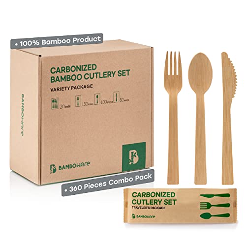 100% Bamboo Utensils - 360PCS Combo Pack Carbonized Disposable Cutlery Biodegradable and Sanitized - Heavy Duty & Fully Functional