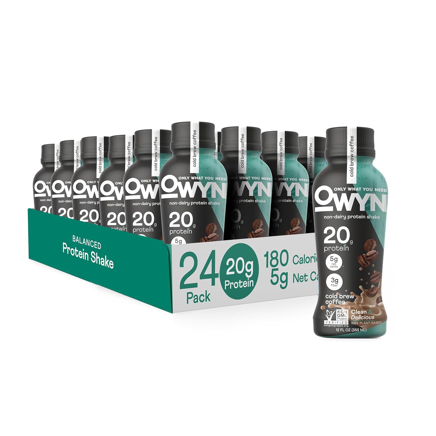 OWYN Only What You Need Vegan Plant Based Protein Shake, Cold Brew Coffee, 24 Pack, 148mg Caffeine, 20g Plant Protein, Omega-3, Prebiotic Supplements, Gluten-Free, Soy-Free, Non-GMO