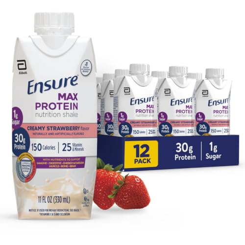 Ensure Max Protein Shake | Creamy Strawberry | Ready to Drink | 30g Protein for Muscle Health | 1g Sugar, 4g Fiber | 11 fl oz, 12 Pack