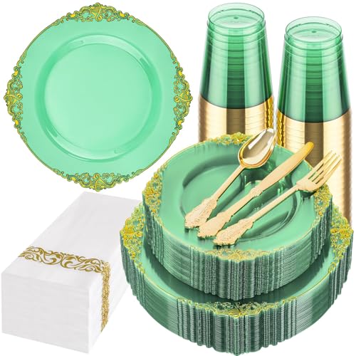 Hioasis 175pcs Clear Green Plastic Plates - Elegant Disposable Dinnerware Set Suitable for 25 Guests Include 10.25" Dinner & 7.5" Dessert Plates, Cutlery, Napkins, Cups for Party & Wedding