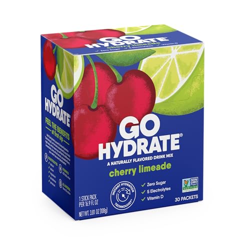GoHydrate Instant Hydration Powder Packets - Low Sodium Electrolytes Drink Mix - Natural Hydration Support, Sugar Free Electrolyte Flavored Powder Drink with Vitamin D, 30 Packs, Cherry Limeade
