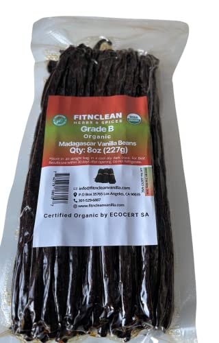 8oz Organic Madagascar Vanilla Beans Grade B for Extract. Certified USDA Organic. 5"-7" by FITNCLEAN VANILLA for Paste and Baking (1/2 Lb) Whole NON-GMO Pods