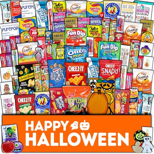 Halloween Candy Care Package Gift (80ct) Snacks Box Basket Candies Kids Children Adults Cookies Food Variety Pack Bundle Mixed Bulk Sampler Girls Boys Guys Men Women Boyfriend Girlfriend College Student