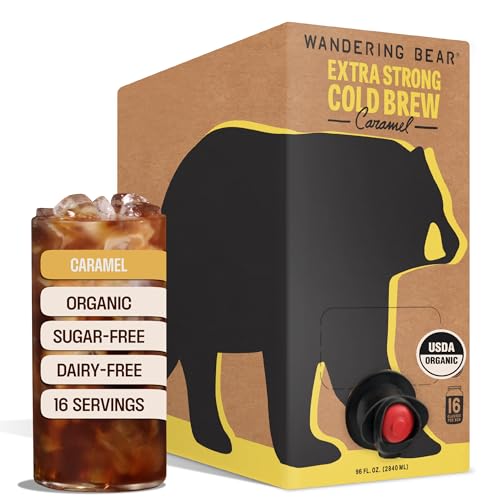 Wandering Bear Organic Caramel Cold Brew Coffee On Tap, Iced Coffee Drink - Extra Strong, Bold, Smooth, No Sugar Added, Shelf-Stable, Ready to Drink,Gluten Free & Vegan -16 Servings of 6fl.oz -96fl.oz