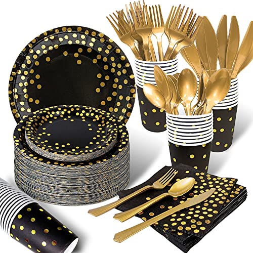 AIRE 350PCS Black and Gold Paper Plates Party Supplies for 50 Guests Party Decorations Disposable Dinnerware Golden Dot Paper Plates Napkins Cups Gold Plastic Forks Knives Spoons for Birthday Wedding