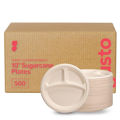 Comfy Package [Case of 500 10 Inch Heavy-Duty 100% Compostable Plates, 3 Compartment Eco-Friendly, Disposable Sugarcane Paper Plates - Brown Unbleached