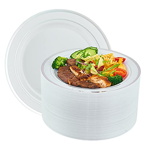 Vplus 100 Piece 10 Inch Silver Plastic Plates Disposable, Heavy Duty White Elegant Durable Dinner Plastic Party Plates with Silver Rim Perfect for Party Christmas