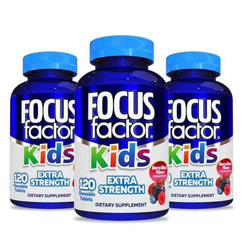 Focus Factor Kids Extra Strength Daily Chewable for Brain Health Support, 120 Count  Vitamins for Kids - Quality Formula  Gluten & Dairy Free Supplements for Children (3 Pack)