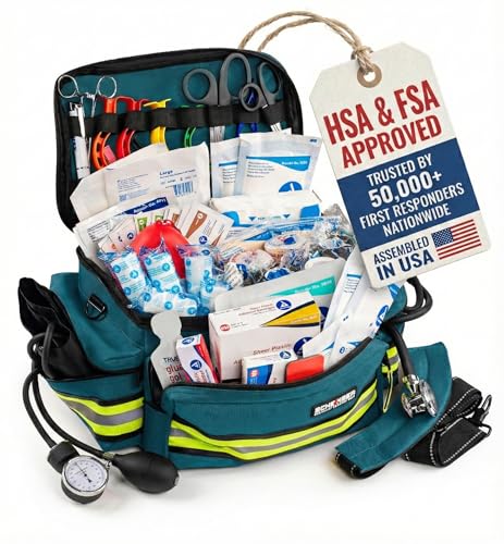 Scherber First Responder Fully-Stocked Professional Essentials EMT/EMS Trauma Kit | HSA/FSA Approved | Reflective Bag w/8 Zippered Pockets & Compartments & 200+ First Aid Supplies - Blue
