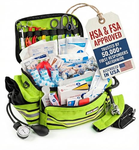 Scherber First Responder Fully-Stocked Professional Essentials EMT/EMS Trauma Kit | HSA/FSA Approved | Reflective Bag w/8 Zippered Pockets & Compartments & 200+ First Aid Supplies - Yellow