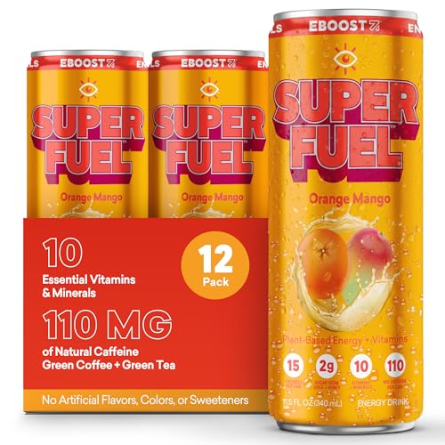 EBOOST Super Fuel Healthy Energy Drink - Caffeine from Natural & Clean Ingredients For Focus and Productivity -Taurine Free Pre-Workout With Electrolytes, Nootropic & Vitamins - Orange Mango, 12 Pack