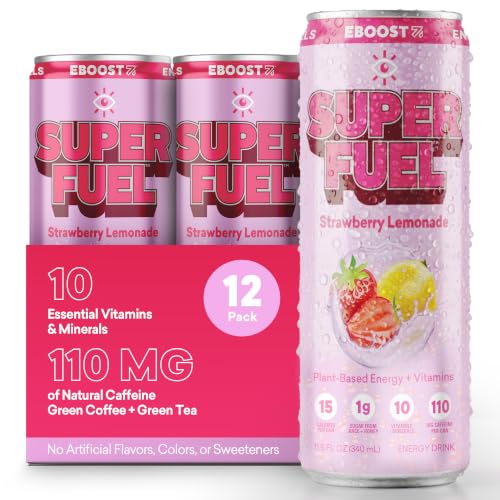 EBOOST Super Fuel Healthy Energy Drink - Caffeine from Natural & Clean Ingredients For Focus and Productivity -Taurine Free Pre-Workout With Electrolytes, Nootropic - Strawberry Lemonade, 12 Pack