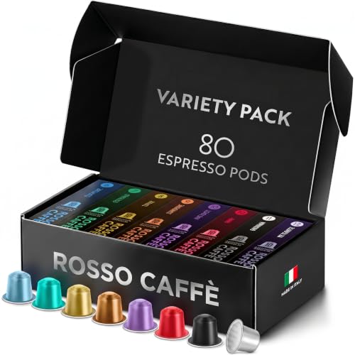 ROSSO CAFFE Espresso Coffee Pods for Nespresso Original Machines - 80 Capsules Variety Pack, 8 Signature Flavors, Medium to Dark Roast - Made in Italy