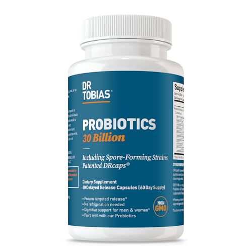 Dr. Tobias Probiotics 30 Billion, 10 Strains, 30 Billion CFU's, Targeted Release Probiotics for Women & Men, Supports Digestive Health, Shelf-Stable, Non-GMO, 60 Capsules, 60 Servings